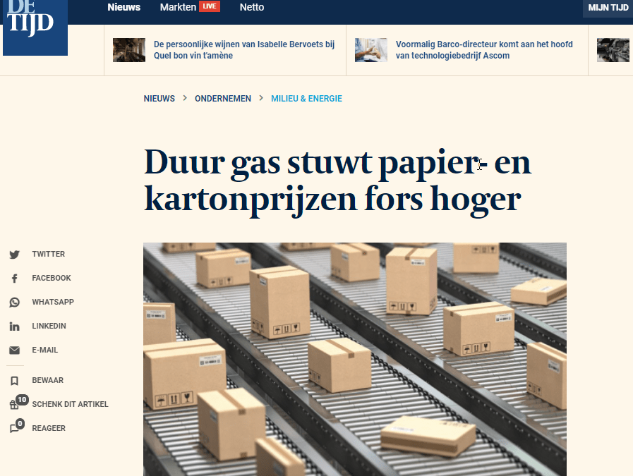 Duur gas stuwt papier- kartonprijzen fors hoger